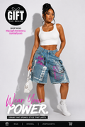 "The Blessed Legacy" Distressed Graphic Denim Bermudas